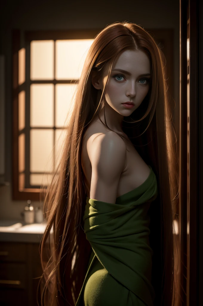 A very long straight silky red haired sweden girl, bang, green eyes, 20 years old, young, pale skin, Ultra high res, uhd, (photorealistic:1.4), doll-like face, in a dark room dramatic lighting, shy,  full body shot, side view, a towel wrapping around her body,