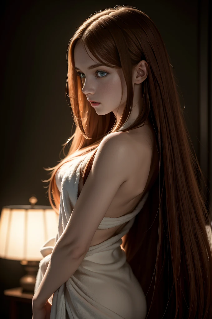 A very long straight silky red haired sweden girl, bang, green eyes, 20 years old, young, pale skin, Ultra high res, uhd, (photorealistic:1.4), doll-like face, in a dark room dramatic lighting, shy,  full body shot, a towel wrapping around her body