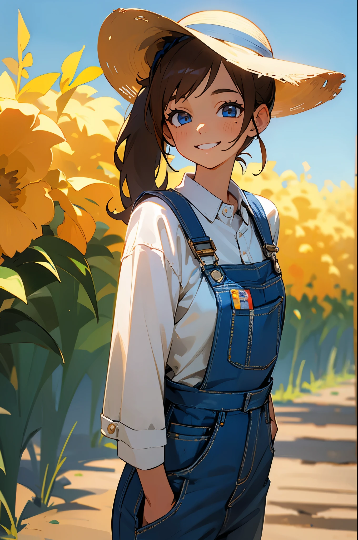 1female, brown hair, ponytail, sunhat, blue eyes, grinning, happy, white shirt, blue overalls, farm background, detailed face, hands to side, standing on path