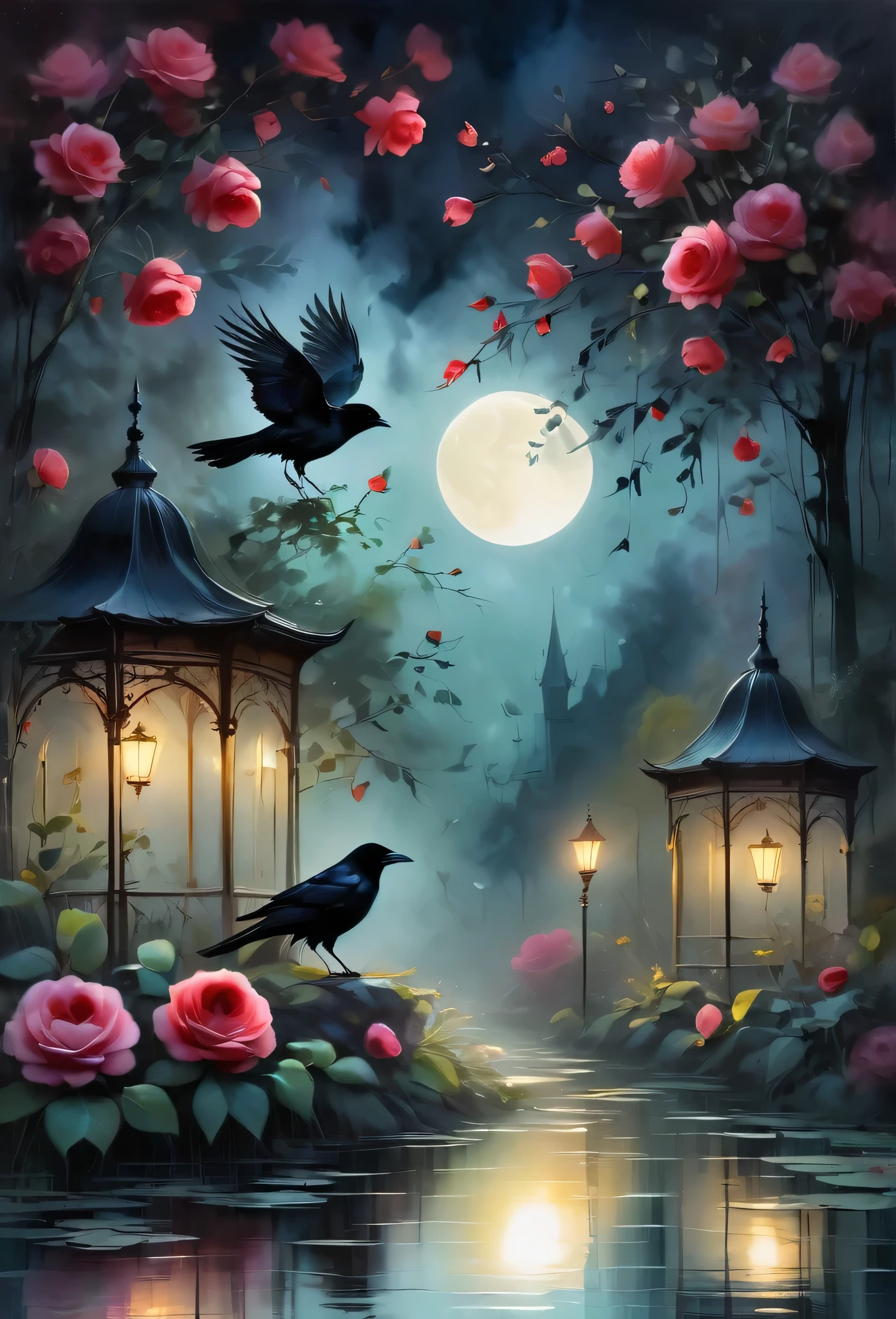 （dark atmosphere，Goethe-Mode，bright colors），（best quality，Super cute，），sexy Gothic-Rabe，Rose Garden at night，Crow feathers，black crow，The moonlight reflects her elegant silhouette，Soft shadows and soft highlights，Contrasting colors create a lively atmosphere，dark and atmospheric color palette，Subtle yet dramatic lighting effects，Sublime darkness mixed with exquisite moonlight