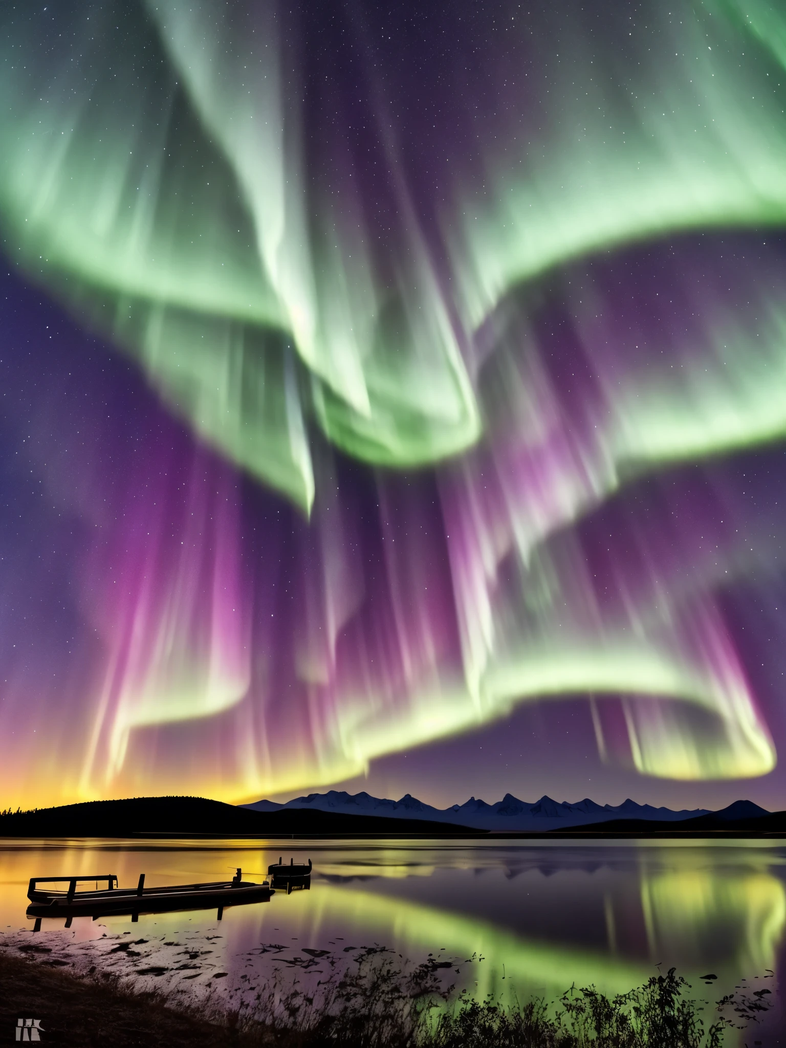 the aurora bore over a lake with mountains in the background, a picture by Harald Giersing, trending on unsplash, hurufiyya, northern lights, with aurora borealis in the sky, aurora borealis, ❤🔥🍄🌪, dramatic aurora borealis, infused with aurora borealis, epic stunning atmosphere, norway