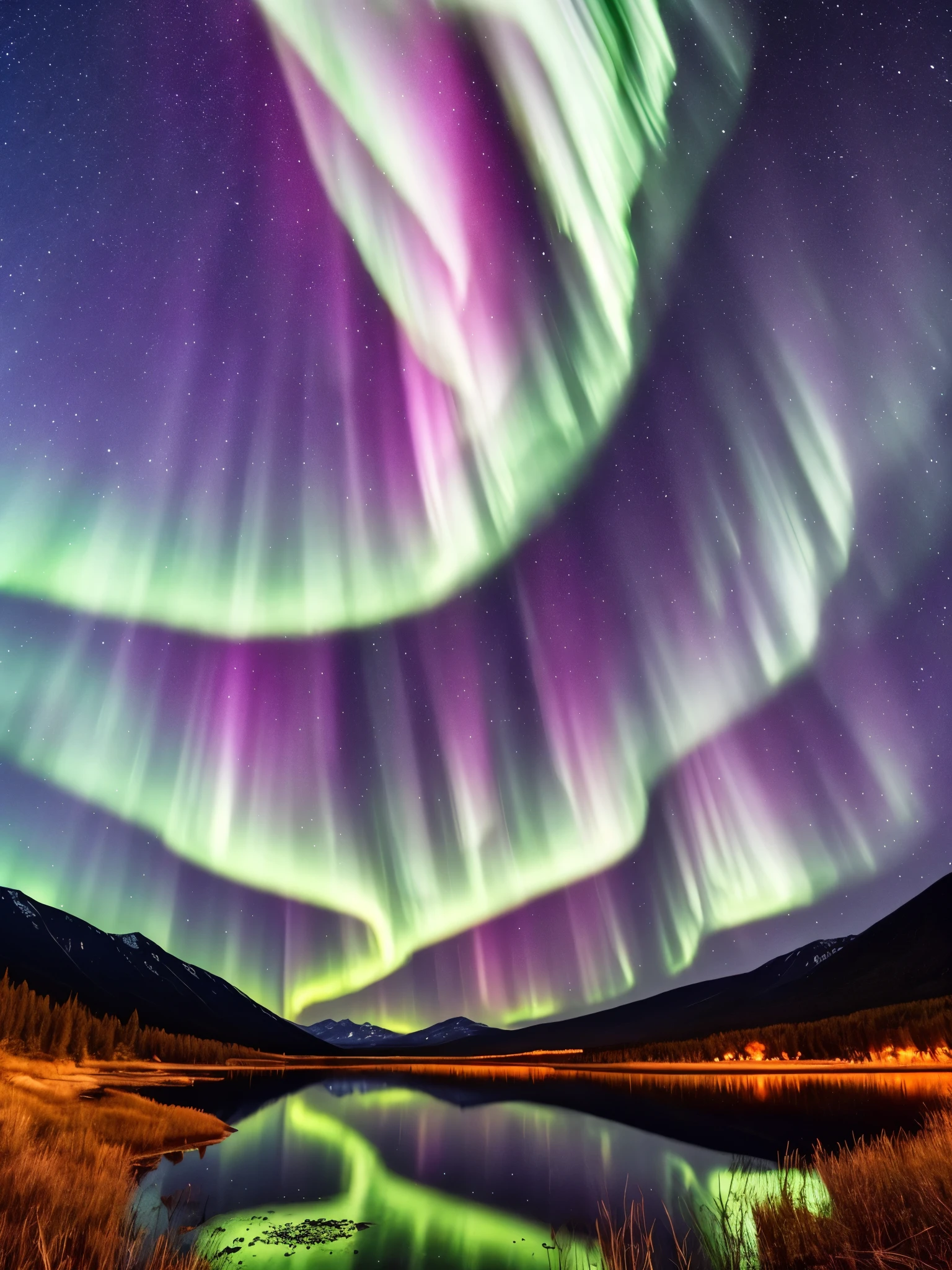 the aurora bore over a lake with mountains in the background, a picture by Harald Giersing, trending on unsplash, hurufiyya, northern lights, with aurora borealis in the sky, aurora borealis, ❤🔥🍄🌪, dramatic aurora borealis, infused with aurora borealis, epic stunning atmosphere, norway