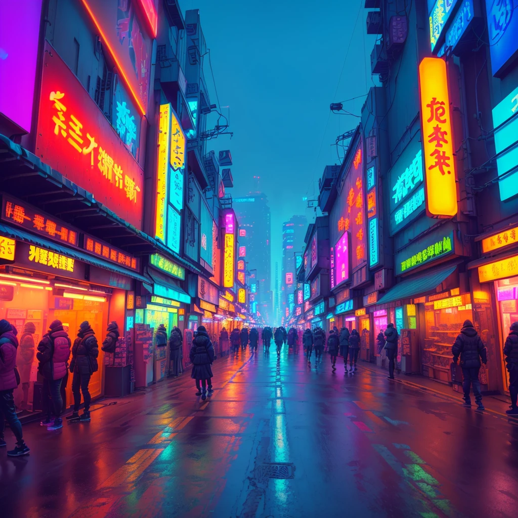 a view of a street with neon signs and people walking down it, china town blade runner, neon street, futuristic street, cyberpunk streets in japan, dreamy colorful cyberpunk colors, cyberpunk streets at night, bright neon city lights, futuristic city street, cyberpunk street at night, neon tokyo, cyberpunk street, cinematic neon matte painting, futuristic cyberpunk tokyo night, beeple colors