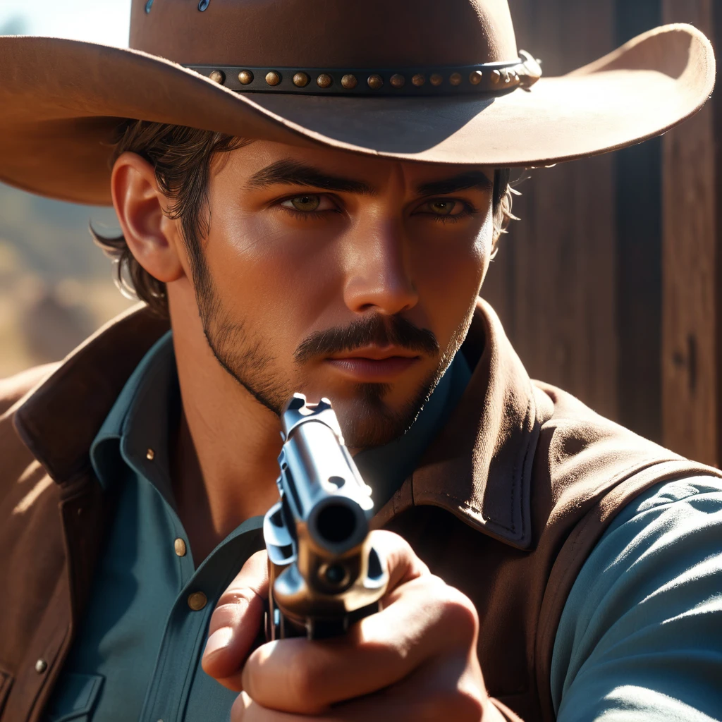 Face Up, ((cowboy, Holding a gun, Cowboy fills the screen, Detailed Eyes Dramatic Lighting、A calming color palette, (Highest quality, 4K, 8k, Realistic, High resolution, masterpiece:1.2).