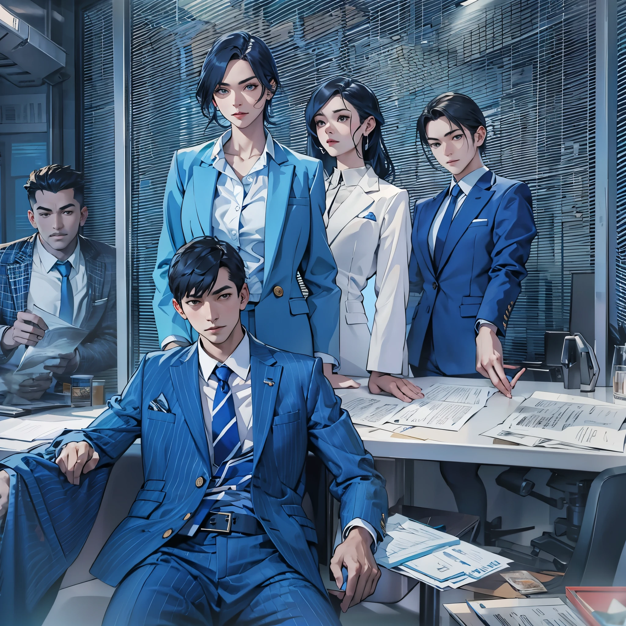 A female executive wearing a blue suit、With a male administrator wearing blue clothes、With a woman defender dressed in blue、Create an image of a male consul wearing blue clothes。Based on blue、A cool and stylish atmosphere。Pose like a fashion model。