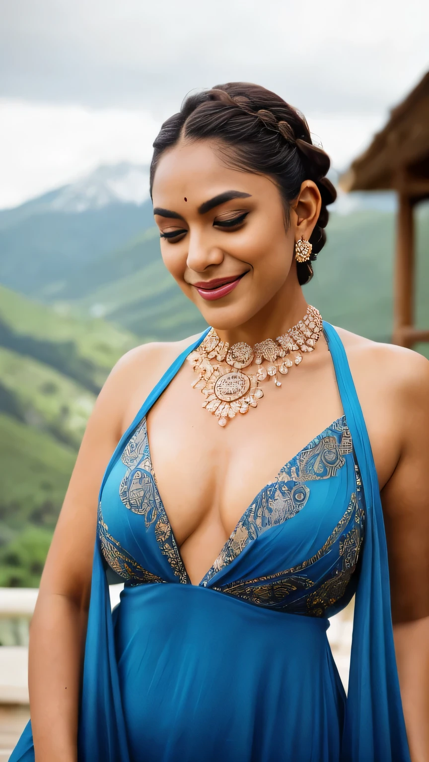 close up photo of sexy naked Latina indian, hourglass figure, swooping breasts, sexy armpits, seducing on mountains, French braid hair, necklace, sultry, look at viewer luscious subtle smile, sexy blue nightdress, (cinematic:1.3), intricate details, (ArtStation:1.2)