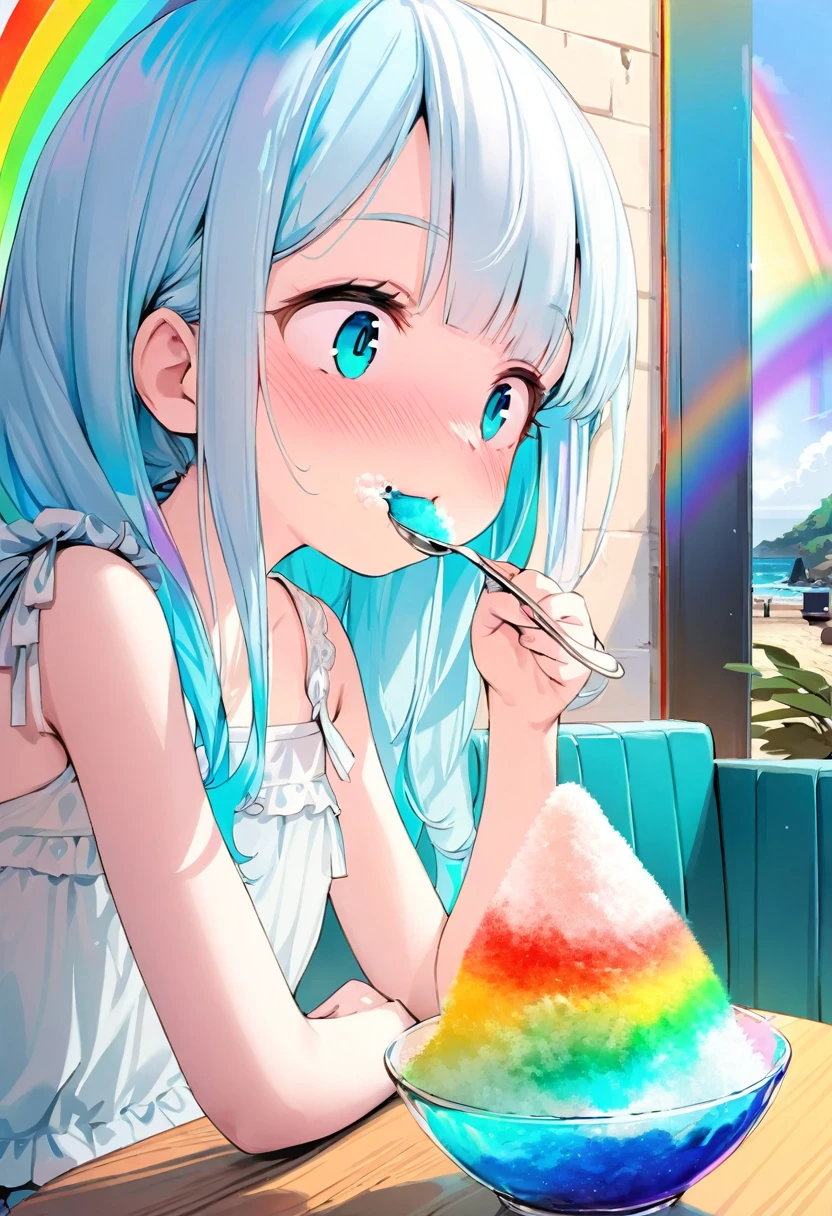 masterpiece, best quality, extremely detailed, (illustration, official art:1.1), 1 girl ,(((( light blue long hair)))), ,(((( light blue long hair)))),light blue hair, , long hair ((blush)) , cute face, big eyes, masterpiece, best quality,(((((a very delicate and beautiful girl))))),Amazing,beautiful detailed eyes,blunt bangs((((little delicate girl)))),(((tareme))),droopy eyes.(true beautiful:1.2), sense of depth,dynamic angle,,,, affectionate smile, (true beautiful:1.2),,(tiny 1girl model:1.2),)(flat chest), (highest quality, Very detailed, up to date, Vibrant, Ultra-high resolution, High Contrast, masterpiece 、highest quality, Best aesthetics), Portraiture、girl、solo, , ,、Beautiful fine details、Beautiful lip detail、 loose fit,  ((Eating shaved ice in a glass bowl with a spoon on the table, rainbow color)), sit in the seaside beautiful cafe restaurant with while wall, smaile:1.5, upper body