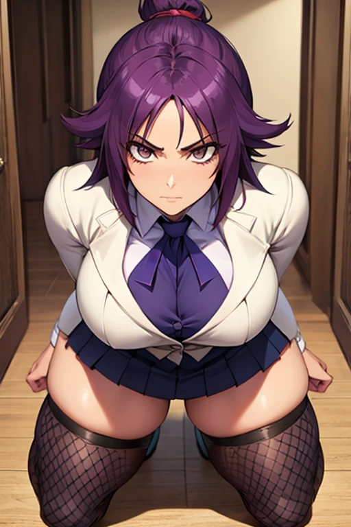 Super-detailed, 8k HD, Yoruichi Shihouin, 1 girl, solo, beautiful and detailed face, detailed hand, long purple hair, slender hips, thick thighs, huge and droopy breast, huge round ass, black office suit and mini skirt, cravat, fishnet thigh high stocking, in the hallway, serious face, kneeling on the floor in front of the viewer, look up, facing viewer, point of view from above