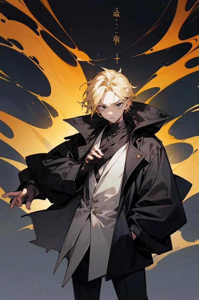 1male, ???, blonde hair, black eyes, angered expression, black coat, modern clothing, foggy background, hands to side, detailed face, standing on path