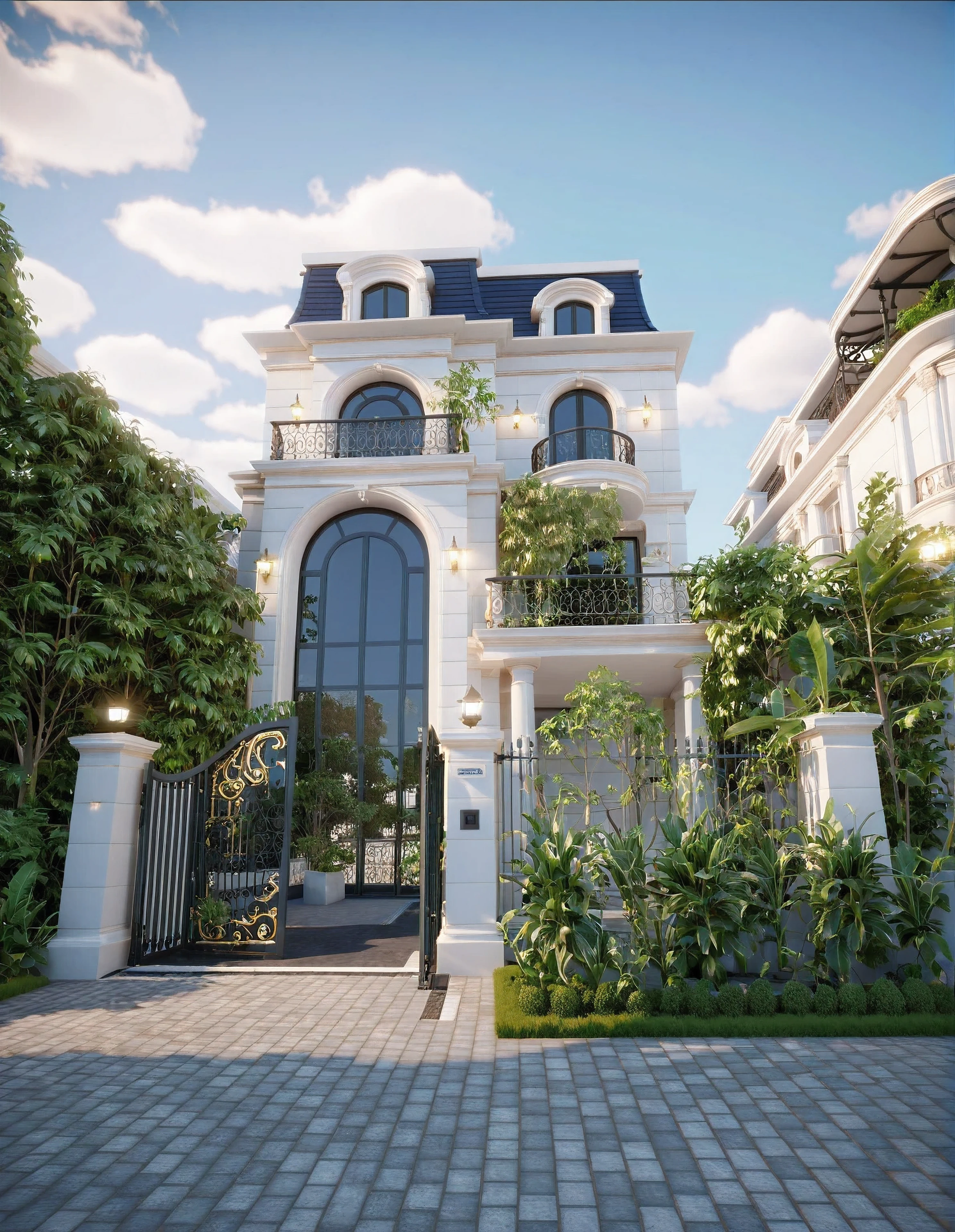 RAW photo, masterpiece, house with a car parked in front of it, neo - classical style, rendered in lumion pro, classicism style, classicism artstyle, lumion render, rendered in lumion, architectural visualization, neoclassical style, in style of classicism, white light sun, rendered in vray, rendered in v-ray, rendered in unreal engine 3d, (photorealistic:1.2), best quality, ultra high res, exterior, architechture,modern house,(white wall:1.4), (detail gate black:1.4), (photorealistic:1.4), best quality, ultra high res, exterior,architechture,neoclassic house,(white wall:1.2), (detailed reliefs:1.2), (The front 1st floor has 4 windows), (the right side 1st floor has 4 windows), (the main side has three-step stairs), (the right side has three-step stairs) ,glass windows,,trees,traffic road, blue sky,in the style of realistic hyper-detailed rendering, luxury neoclassical villa, in the style of neoclassical scene, glass windows, (white navy roof:1.2), best quality, (straight strokedetail:1.1) roof top, (Intricate lines:1.4), ((Photorealism:1.4)),(((hyper detail:1.4))), archdaily, award winning design, (dynamic light:1.3), (night light:1.2), (perfect light:1.3), (shimering light :1.4), refection glass windows, (curved line architecture arch:1.2), trees, beautiful sky, photorealistic, FKAA, TXAA, RTX, SSAO, Post Processing, Post-Production, CGI, VFX, SFX, Full color,((Unreal Engine 5)), Canon EOS R5 Camera + Lens RF 45MP full-frame CMOS sensor, HDR, Realistic,8k,((Unreal Engine 5)), Cinematic intricate detail, extreme detail, science, hyper-detail, FKAA, super detail, super realistic, crazy detail, intricate detail, nice color grading, reflected light on glass, eye-catching wall lights, unreal engine 5, octane render, cinematic, trending on artstation, High-fidelity, Viwvid, Crisp, Sharp, Bright, Stunning, ((Lifelike)), Natural, ((Eye-catching)), Illuminating, Flawless, High-quality,Sharp edge rendering, medium soft lighting, photographic render, detailed archviz,3d styl