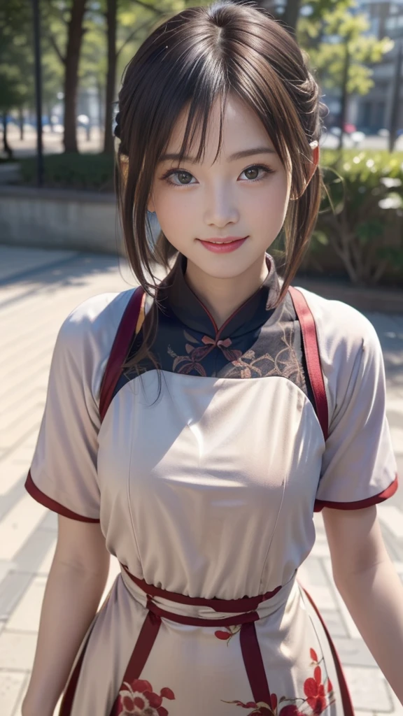 ((One beautiful girl:1.2)), ((Fancy style hair:1.3)), very cute, Great face and eyes, (Beautiful lovely smile), (Very detailed美しい顔, :1.4), Bright and shiny lips, Sexy look, Keep staring at me, (Standing in the park in a cute Chinese dress:1.3), Beautiful breasts, Smooth Skin, Thin thighs, Small beautiful butt, Narrow waist, so beautiful, Charm, (Highest quality:1.4), (super high quality), (Very detailed), (Ultra-realistic, Photorealistic:1.37), Real skin texture, Intricate details, Very detailed CG 統合 8k 壁紙, RAW Photos, Professional photography, Cinema Lighting, (Dynamic Pose)