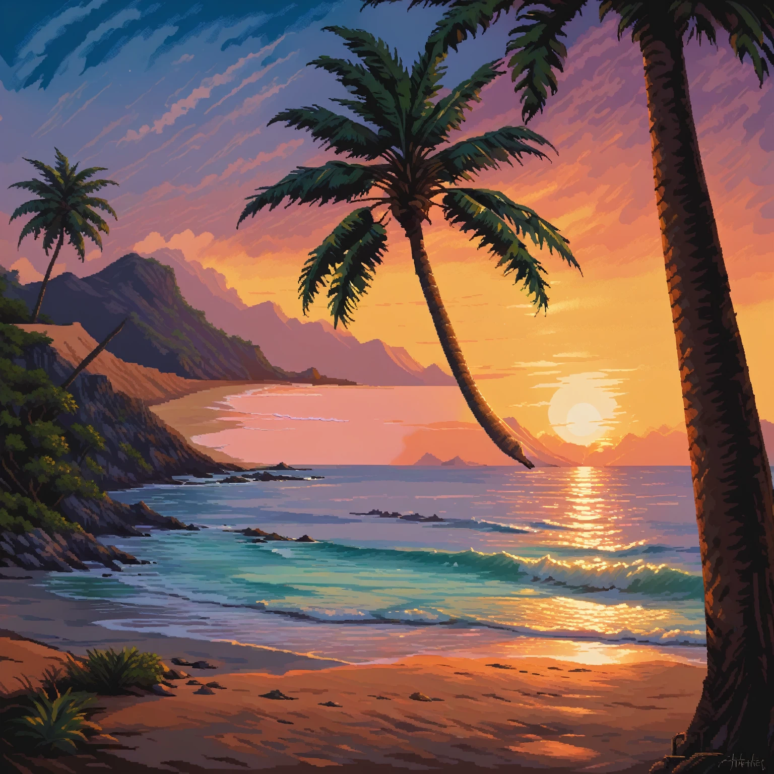 realistic oil painting, hard brush, a breathtaking image of a serene coastal sunset, featuring a secluded beach, gentle waves crashing against the shore, a colorful sky filled with warm hues, and a lone palm tree silhouetted against the fading light. capture the mesmerizing details and atmosphere of this tranquil scene