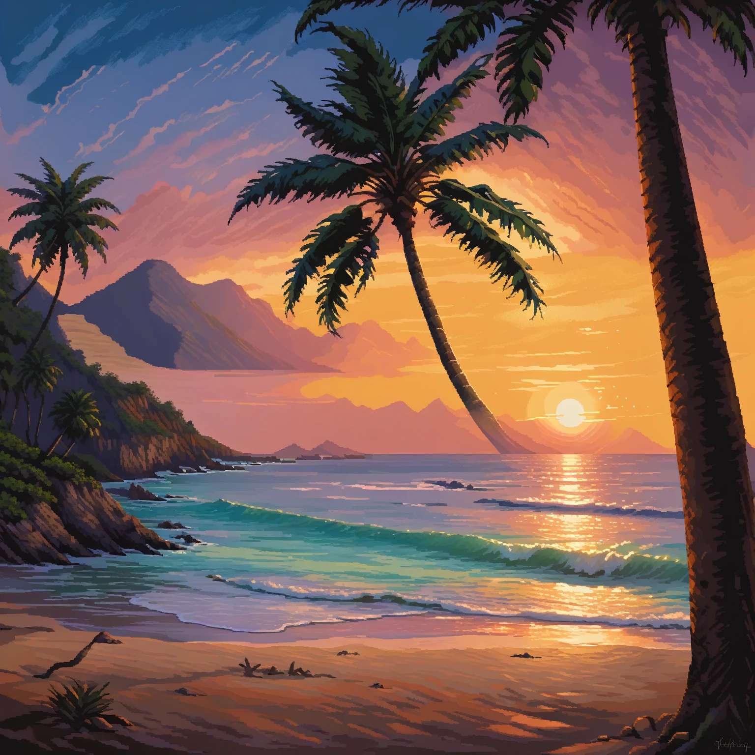 realistic oil painting, hard brush, a breathtaking image of a serene coastal sunset, featuring a secluded beach, gentle waves crashing against the shore, a colorful sky filled with warm hues, and a lone palm tree silhouetted against the fading light. capture the mesmerizing details and atmosphere of this tranquil scene