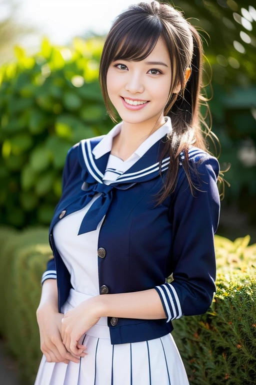 ((((full bodyesbian)))、((Girls' High School Uniforms))、((1a person)), serafuku, seifuju, Sailor Uniform, JK Uniform, white tight shirt, ponytail hair、bob hair、hands on hip, Close to the subject、((Botanical Gardens))、(((smile)))、(((Girls' High School)))、((a beautiful girl))、((natural pose))、Photorealistic、Beautiful detailed face, Beautiful detailed eyes、Hyper-Realism、high contrast、Ultra HD、realistic skin textures、Top image quality、top-quality、超A high resolution、Fine details、Very meticulously、ample round bosom, high_angle_shot, the_cowboy_shot, bokeh background)