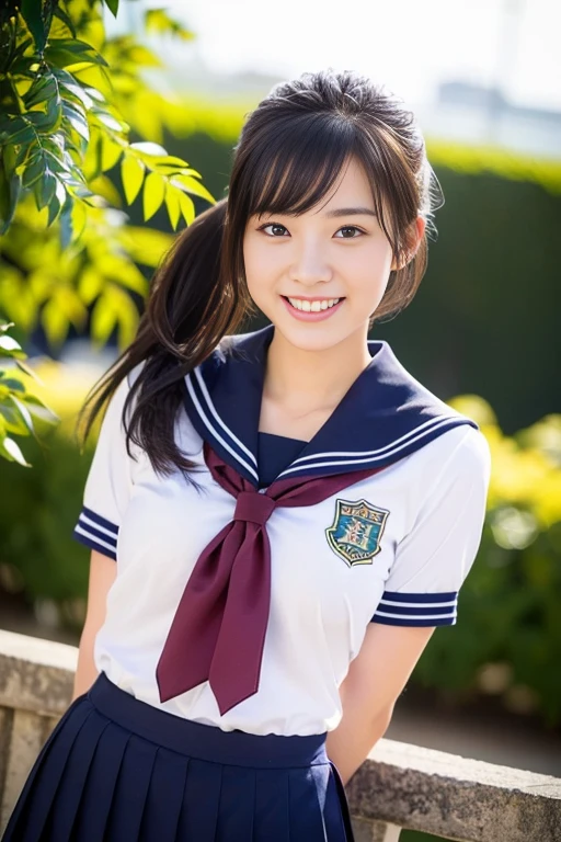 ((((full bodyesbian)))、((Girls' High School Uniforms))、((1a person)), serafuku, seifuju, Sailor Uniform, JK Uniform, white tight shirt, ponytail hair、bob hair、hands on hip, Close to the subject、((Botanical Gardens))、(((smile)))、(((Girls' High School)))、((a beautiful girl))、((natural pose))、Photorealistic、Beautiful detailed face, Beautiful detailed eyes、Hyper-Realism、high contrast、Ultra HD、realistic skin textures、Top image quality、top-quality、超A high resolution、Fine details、Very meticulously、ample round bosom, high_angle_shot, the_cowboy_shot, bokeh background)