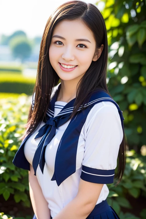 ((((full bodyesbian)))、((Girls' High School Uniforms))、((１a person)), serafuku, seifuju, Sailor Uniform, JK Uniform, white tight shirt, ponytail hair、bob hair、hands on hip, Close to the subject、((Botanical Gardens))、(((smile)))、(((Girls' High School)))、((a beautiful girl))、((natural pose))、Photorealistic、Beautiful detailed face, Beautiful detailed eyes、Hyper-Realism、high contrast、Ultra HD、realistic skin textures、Top image quality、top-quality、超A high resolution、Fine details、Very meticulously、ample round bosom, high_angle_shot, the_cowboy_shot, bokeh background)
