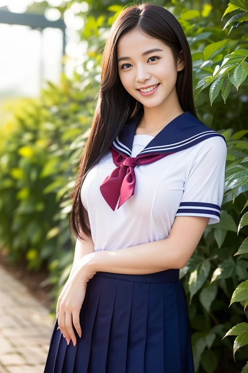((((full bodyesbian)))、((Girls' High School Uniforms))、((1a person)), serafuku, seifuju, Sailor Uniform, JK Uniform, white tight shirt, ponytail hair、bob hair、hands on hip, Close to the subject、((Botanical Gardens))、(((smile)))、(((Girls' High School)))、((a beautiful girl))、((natural pose))、Photorealistic、Beautiful detailed face, Beautiful detailed eyes、Hyper-Realism、high contrast、Ultra HD、realistic skin textures、Top image quality、top-quality、超A high resolution、Fine details、Very meticulously、ample round bosom, high_angle_shot, the_cowboy_shot, bokeh background)