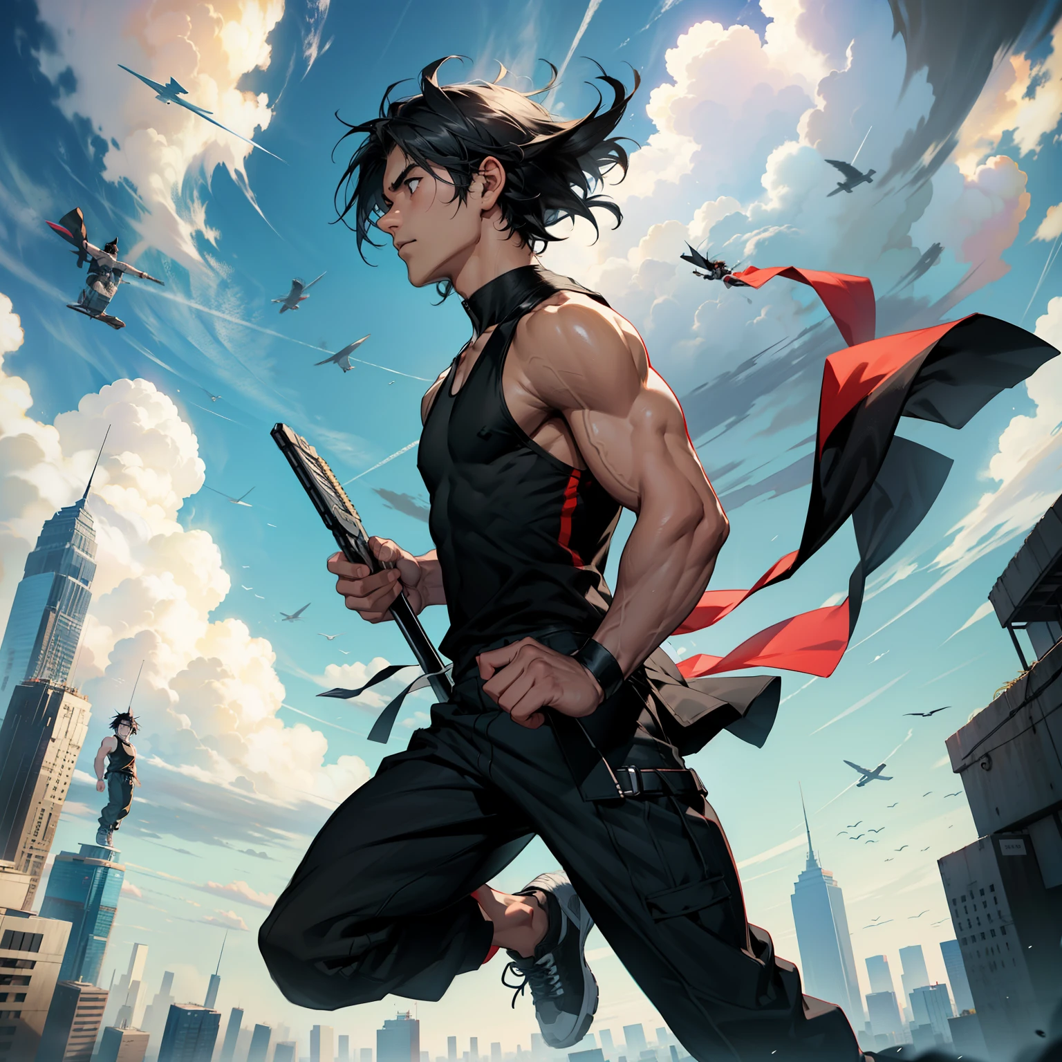 boys 26 Years old, Serious face, ((black singlets)), black pants, black hair, floating on air, levitate on sky, blue sky, cloud