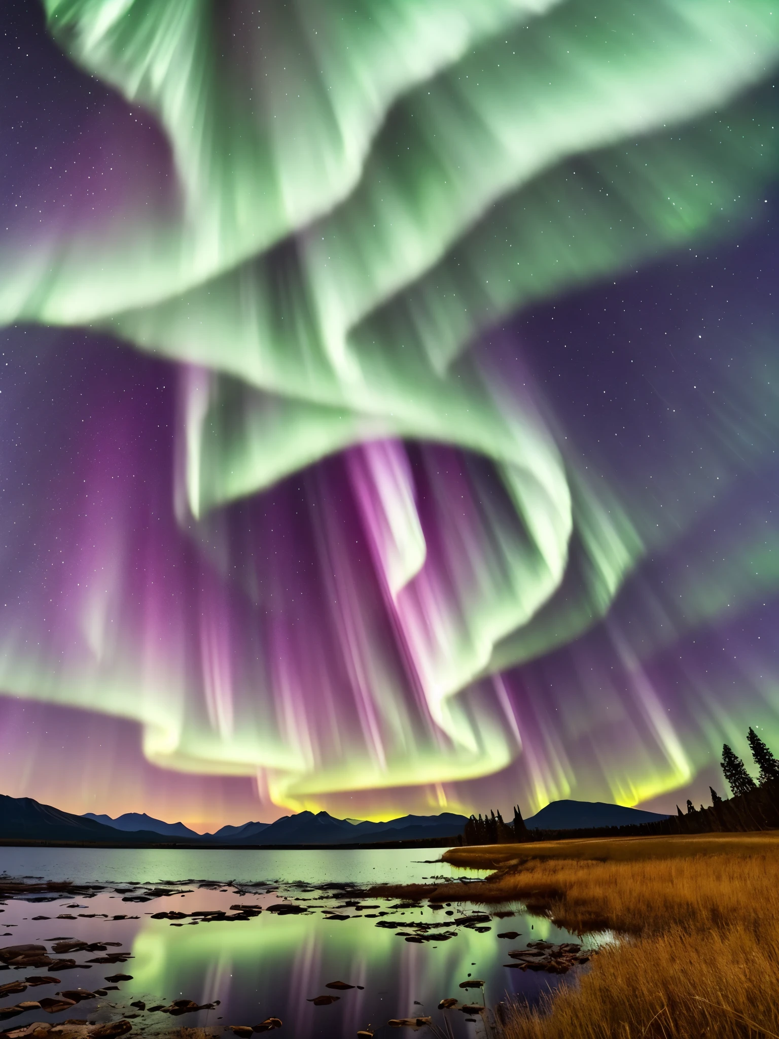 the aurora bore over a lake with mountains in the background, a picture by Harald Giersing, trending on unsplash, hurufiyya, northern lights, with aurora borealis in the sky, aurora borealis, ❤🔥🍄🌪, dramatic aurora borealis, infused with aurora borealis, epic stunning atmosphere, norway