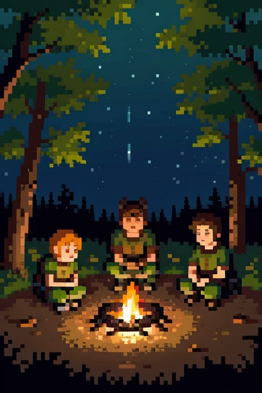a warrior rest on campfire at night in the forest