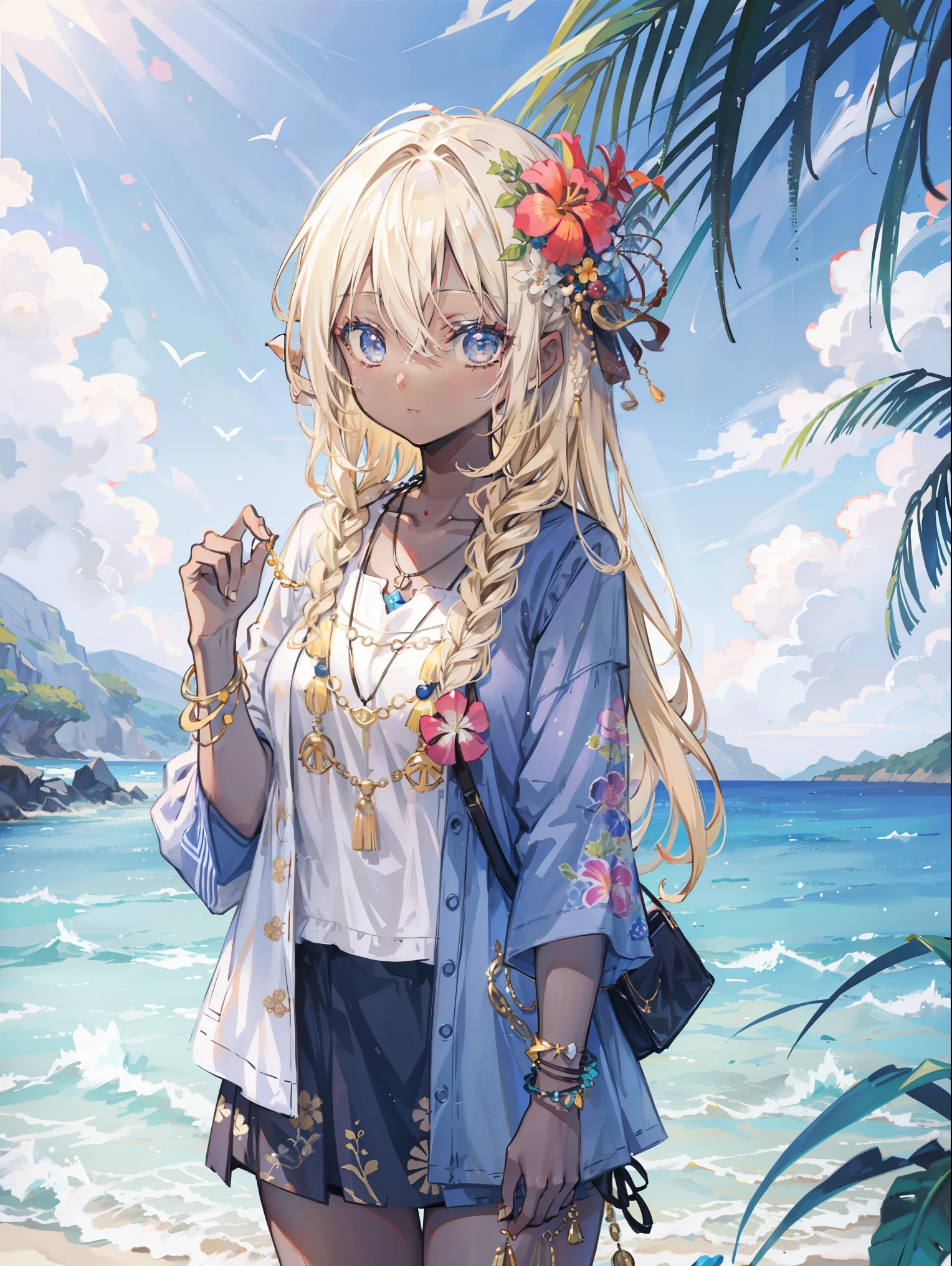 Young woman, dark skin, blonde, Hawaiian shirt, Sea background, a lot of necklaces, flowers