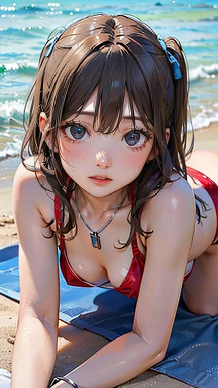 (masterpiece, Highest quality:1.3), (Super detailed:1.2), (hyperRealistic:1.3), (RAW Photos:1.2), High-definition RAW color photos, False eyelashes、lipstick、Lame around the eyes、Focus on the whole body、Professional photos, (PhotoRealistic:1.4), (Realistic:1.4), Professional Lighting, Perfect Anatomy, (Small breasts:1.2), (blue eyes:1.8)、Detailed face), (Angry expression:1.5), (Light Brown Hair:1.5), Very Long Hair、Brown Skin、Swimsuit tan lines、Twin tails、 necklace, bracelet, Sexy, erotic Sexy, Random sexy gravure poses, (Beautiful woman in a red cross-back bikini、Suntanning face down on the beach。A simple silver anklet to adorn your feet.。: 1.3)