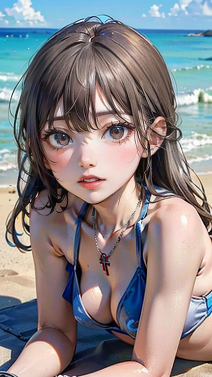 (masterpiece, Highest quality:1.3), (Super detailed:1.2), (hyperRealistic:1.3), (RAW Photos:1.2), High-definition RAW color photos, False eyelashes、lipstick、Lame around the eyes、Focus on the whole body、Professional photos, (PhotoRealistic:1.4), (Realistic:1.4), Professional Lighting, Perfect Anatomy, (Small breasts:1.2), (blue eyes:1.8)、Detailed face), (Angry expression:1.5), (Light Brown Hair:1.5), Very Long Hair、Brown Skin、Swimsuit tan lines、Twin tails、 necklace, bracelet, Sexy, erotic Sexy, Random sexy gravure poses, (Beautiful woman in a red cross-back bikini、Suntanning face down on the beach。A simple silver anklet to adorn your feet.。: 1.3)