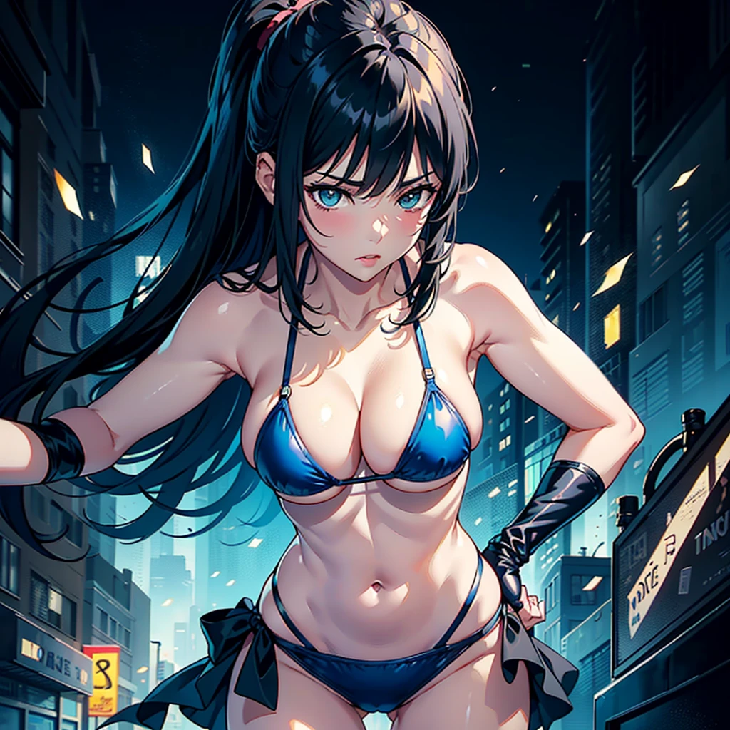 Middle-aged women、Black Hair、long Hair、ponytail、sexy lip、Big Breasts、Black micro bikini、Blue Boxing Gloves、Weak look、The background is all black、cowboy shot、anime illust
