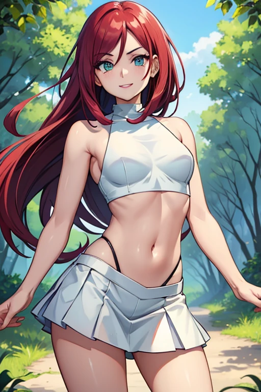 cute_adult_jessie_from_pokemon, (plain_white high_neck_halter_top | bare shoulders | neckholder), (short_white_miniskirt | pleated), small_midriff, (long red hair), green eyes, motivated pose, pokeball_in_hand, nature, skinny, nice, happy smile, kind_eyes, friendly smile, female, high resolution, 8k, cowboy shot