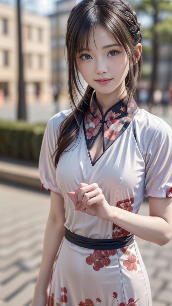 ((One beautiful girl:1.2)), ((Fancy style hair:1.3)), very cute, Great face and eyes, (Beautiful lovely smile), (Very detailed美しい顔, :1.4), Bright and shiny lips, Sexy look, Keep staring at me, (Standing in the park in a cute Chinese dress:1.3), Beautiful breasts, Smooth Skin, Thin thighs, Small beautiful butt, Narrow waist, so beautiful, Charm, (Highest quality:1.4), (super high quality), (Very detailed), (Ultra-realistic, Photorealistic:1.37), Real skin texture, Intricate details, Very detailed CG 統合 8k 壁紙, RAW Photos, Professional photography, Cinema Lighting, (Dynamic Pose), (Detailed hands, Beautifully crafted with attention to detail:1.3)