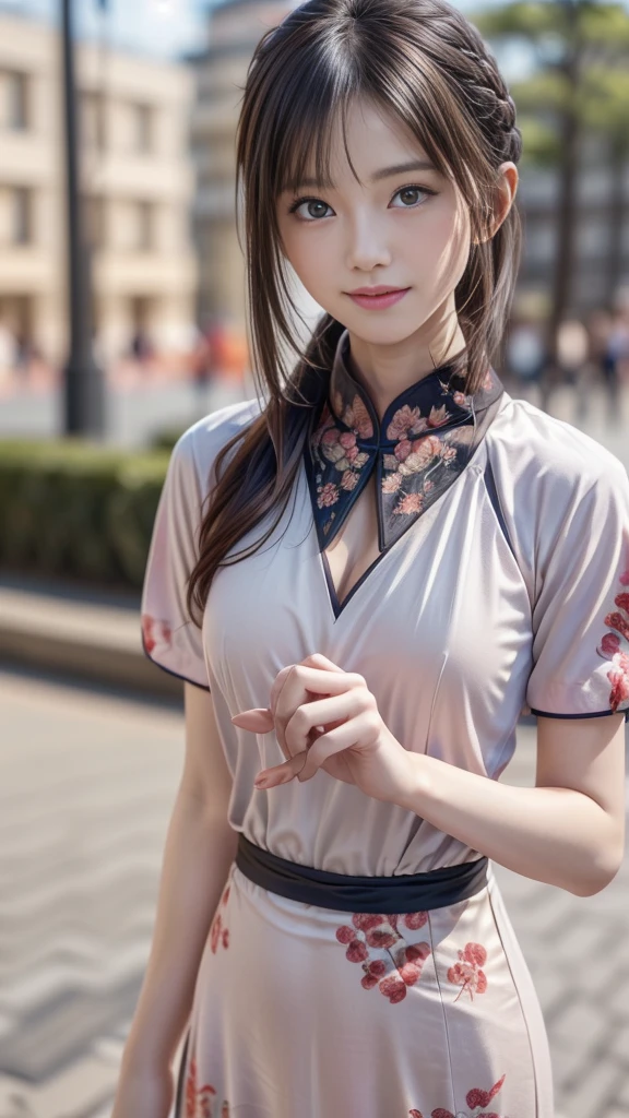 ((One beautiful girl:1.2)), ((Fancy style hair:1.3)), very cute, Great face and eyes, (Beautiful lovely smile), (Very detailed美しい顔, :1.4), Bright and shiny lips, Sexy look, Keep staring at me, (Standing in the park in a cute Chinese dress:1.3), Beautiful breasts, Smooth Skin, Thin thighs, Small beautiful butt, Narrow waist, so beautiful, Charm, (Highest quality:1.4), (super high quality), (Very detailed), (Ultra-realistic, Photorealistic:1.37), Real skin texture, Intricate details, Very detailed CG 統合 8k 壁紙, RAW Photos, Professional photography, Cinema Lighting, (Dynamic Pose), (Detailed hands, Beautifully crafted with attention to detail:1.3)