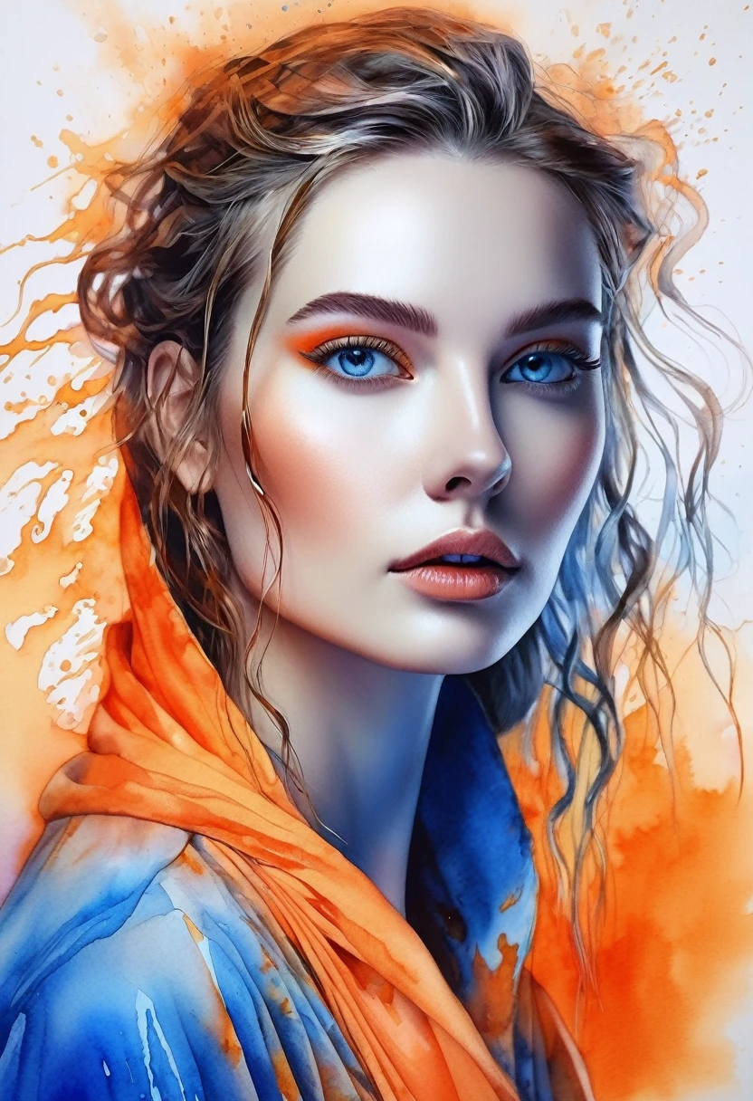 women beautiful neon fictional , ancient stories, High detail, portrait, light studio, colorful, high precision, strong, beautiful, classic, science, Renaissance, wet water color ink, color orange and blue, painting watercolor, ultra clear