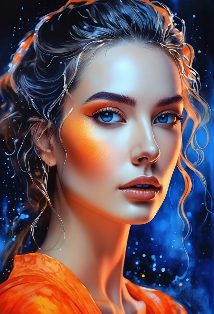 women beautiful neon fictional , ancient stories, High detail, portrait, light studio, colorful, high precision, strong, beautiful, classic, science, Renaissance, wet water color ink, color orange and blue, painting watercolor, ultra clear