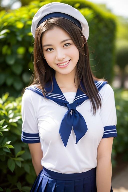 ((((full bodyesbian)))、((Girls' High School Uniforms))、((1a person)), serafuku, seifuju, RED ribbon tie/bow, Sailor Uniform, JK Uniform, white tight shirt, sailor hat, ponytail、bob hair、hands on hip, Close to the subject、((Botanical Gardens))、(((smile)))、(((Girls' High School)))、((a beautiful girl))、((natural pose))、Photorealistic、Beautiful detailed face, Beautiful detailed eyes、Hyper-Realism、high contrast、Ultra HD、realistic skin textures、Top image quality、top-quality、超A high resolution、Fine details、Very meticulously、ample round bosom, high_angle_shot, the_cowboy_shot, bokeh background)