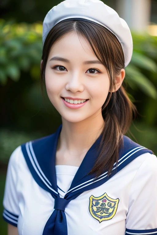 ((((full bodyesbian)))、((Girls' High School Uniforms))、((１a person)), serafuku, seifuju, RED ribbon tie/bow, Sailor Uniform, JK Uniform, white tight shirt, sailor hat, ponytail、bob hair、hands on hip, Close to the subject、((Botanical Gardens))、(((smile)))、(((Girls' High School)))、((a beautiful girl))、((natural pose))、Photorealistic、Beautiful detailed face, Beautiful detailed eyes、Hyper-Realism、high contrast、Ultra HD、realistic skin textures、Top image quality、top-quality、超A high resolution、Fine details、Very meticulously、ample round bosom, high_angle_shot, the_cowboy_shot, bokeh background)