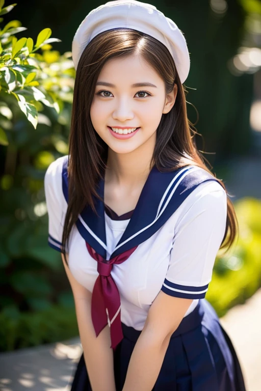 ((((full bodyesbian)))、((Girls' High School Uniforms))、((1a person)), serafuku, seifuju, RED ribbon tie/bow, Sailor Uniform, JK Uniform, white tight shirt, sailor hat, ponytail、bob hair、hands on hip, Close to the subject、((Botanical Gardens))、(((smile)))、(((Girls' High School)))、((a beautiful girl))、((natural pose))、Photorealistic、Beautiful detailed face, Beautiful detailed eyes、Hyper-Realism、high contrast、Ultra HD、realistic skin textures、Top image quality、top-quality、超A high resolution、Fine details、Very meticulously、ample round bosom, high_angle_shot, the_cowboy_shot, bokeh background)