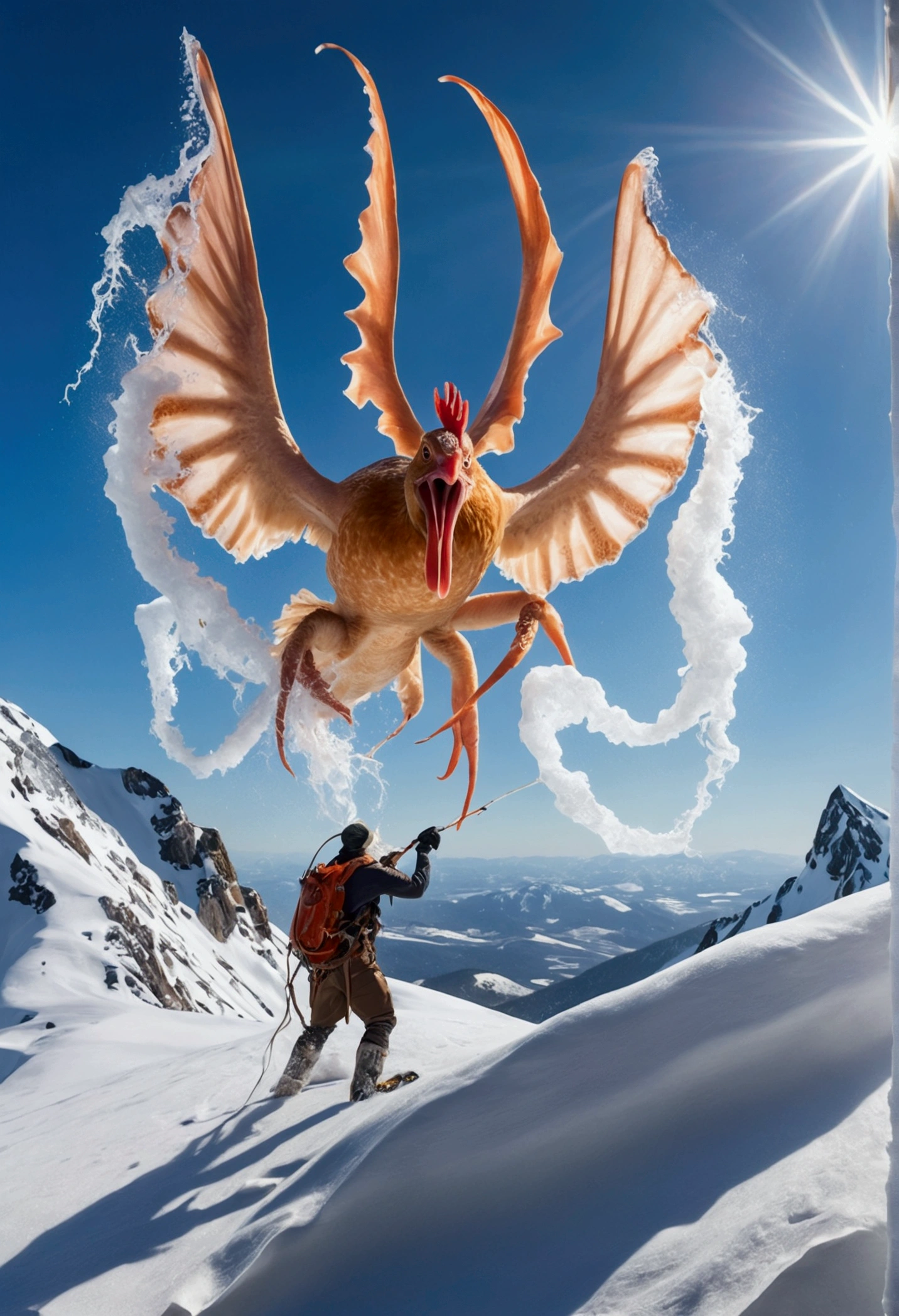 Chicken fights giant squid on snowy mountain