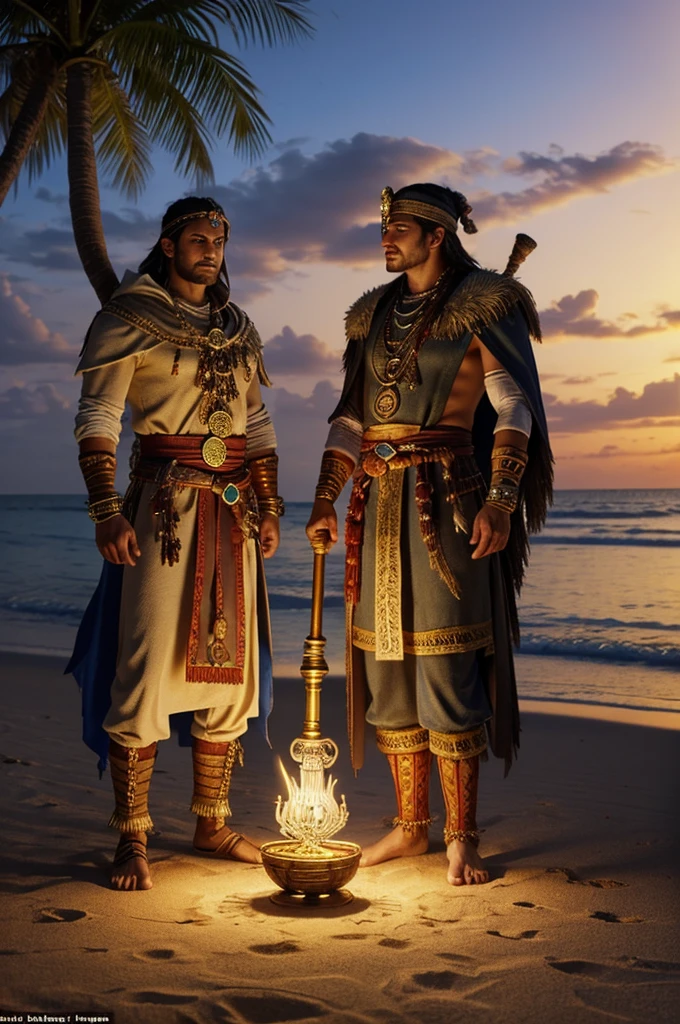 Create a scene with a shaman from the game Metin2. The shaman wears traditional, detailed clothing and holds a staff with a glowing crystal. Next to him stands a small goblin, who curiously observes the surroundings. The two are on a treasure island with palm trees, golden sand and a sparkling sea in the background. A half-open treasure chest, which contains gold coins and jewels, is nearby
