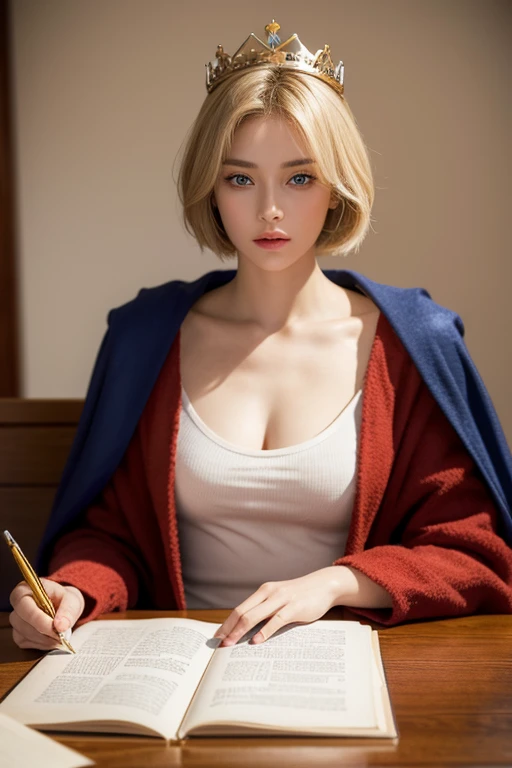 (Masterpiece: 1.2, Best Quality), Realistic, (Realistic Picture, Complex Details, Depth of Field), Best Quality, Masterpiece, Highly Detailed, Semi Realistic, 1 Girl, Mature Female, 21 Years Old, Blond Short Hair, Left Eye Covered with Hair, Blue Eyes, King's Clothes, Red Cloak, Slim Figure, Crown Made of Precious Gold, Reading and Marking Documents, Goose Hair Pen, Office Table, Soft Bench