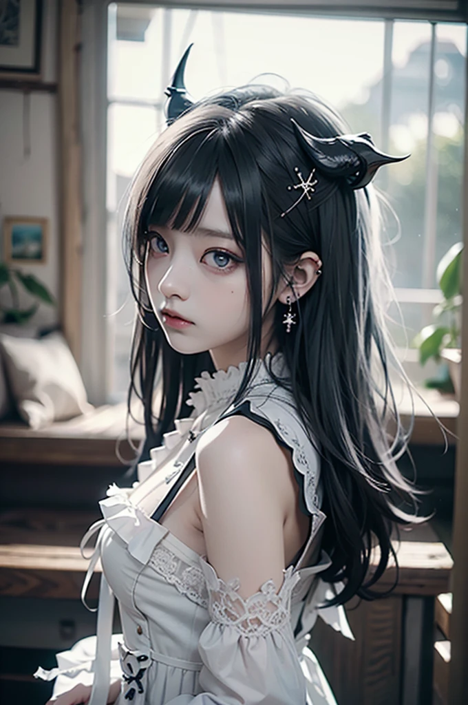 RAW Photos, Realistic, Ultra-realistic, celestial girl, beautiful demon girl, frilled white dress, dark hair, blue highlights, white elegant room, Rococo furniture, simple lines, detailed minimalist style, modern art feel, ornate interior, horns, long blue nails, anime art style, soft light, detailed and soft lighting, Highest quality, masterpiece, Ultra-high resolution, 8K