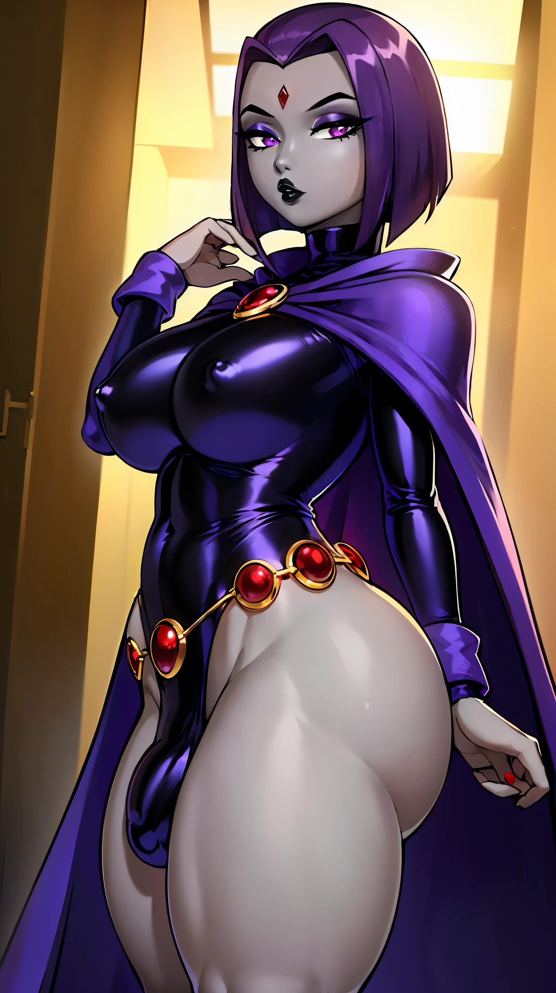 (solo:1.1),(masterpiece), (best quality:1.3), ultra detailed, intricate, professional art, digital art, absurdres, shadraven, (Full body view:1.1), 1girl, solo, (grey skin:1.4), dark purple hair, bob hair, dark purple eyes, hips wider than shoulders, pear shaped body, jewellery, detailed thighs, (thick thighs:1.3), red jewel in forehead, jewels, (long sleeved turtleneck leotard:1.4), (Red jewel Belt), (red jewel broach), cuffs, small breasts, nipple bulge, (shadraven long cloak), (Shadraven broach:1.2), Shadraven jewel belt, Shadraven wearing a long sleeved leotard, long legs, ( long crotch bulge:1.4), large penis, large testicles, side view, looking at viewer, bubble butt , gluteal crease, universal lighting,