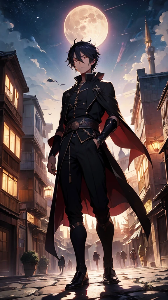 A dark, mystical anime Male villain in an Ottoman-inspired outfit with glowing, enchanted weapons. The background depicts an ancient, shadowy Istanbul with the Hagia Sophia under a full moon."