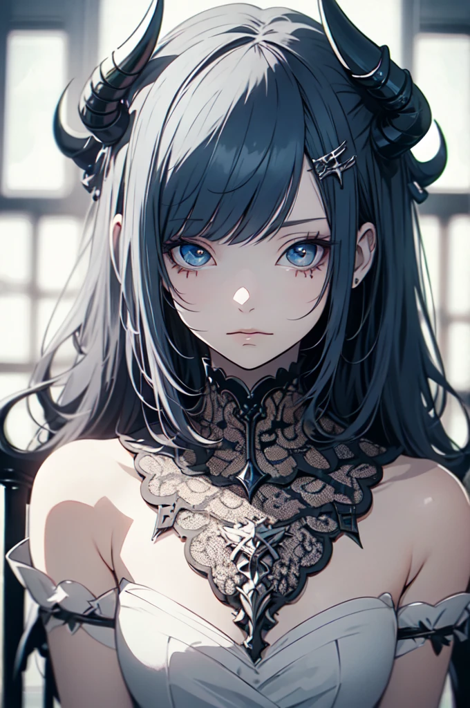 RAW Photos, Realistic, Ultra-realistic, beautiful girl, beautiful demon girl, frilled white dress, dark hair, blue highlights, white elegant room, Rococo furniture, simple lines, detailed minimalist style, modern art feel, ornate interior, horns, long blue nails, anime art style, soft light, Highest quality, masterpiece, Ultra-high resolution, 8K
