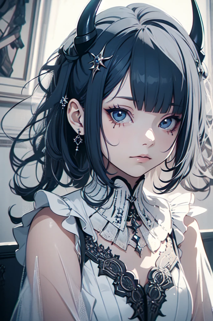 RAW Photos, Realistic, Ultra-realistic, beautiful girl, beautiful demon girl, frilled white dress, dark hair, blue highlights, white elegant room, Rococo furniture, simple lines, detailed minimalist style, modern art feel, ornate interior, horns, long blue nails, anime art style, soft light, Highest quality, masterpiece, Ultra-high resolution, 8K