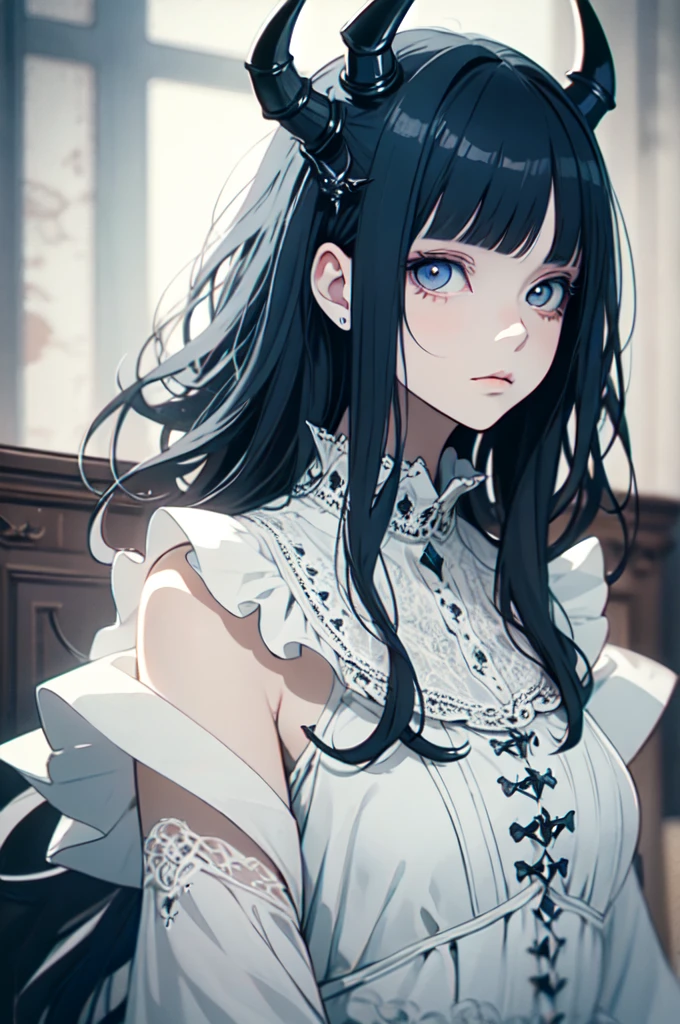 RAW Photos, Realistic, Ultra-realistic, beautiful girl, beautiful demon girl, frilled white dress, dark hair, blue highlights, white elegant room, Rococo furniture, simple lines, detailed minimalist style, modern art feel, ornate interior, horns, long blue nails, anime art style, soft light, Highest quality, masterpiece, Ultra-high resolution, 8K