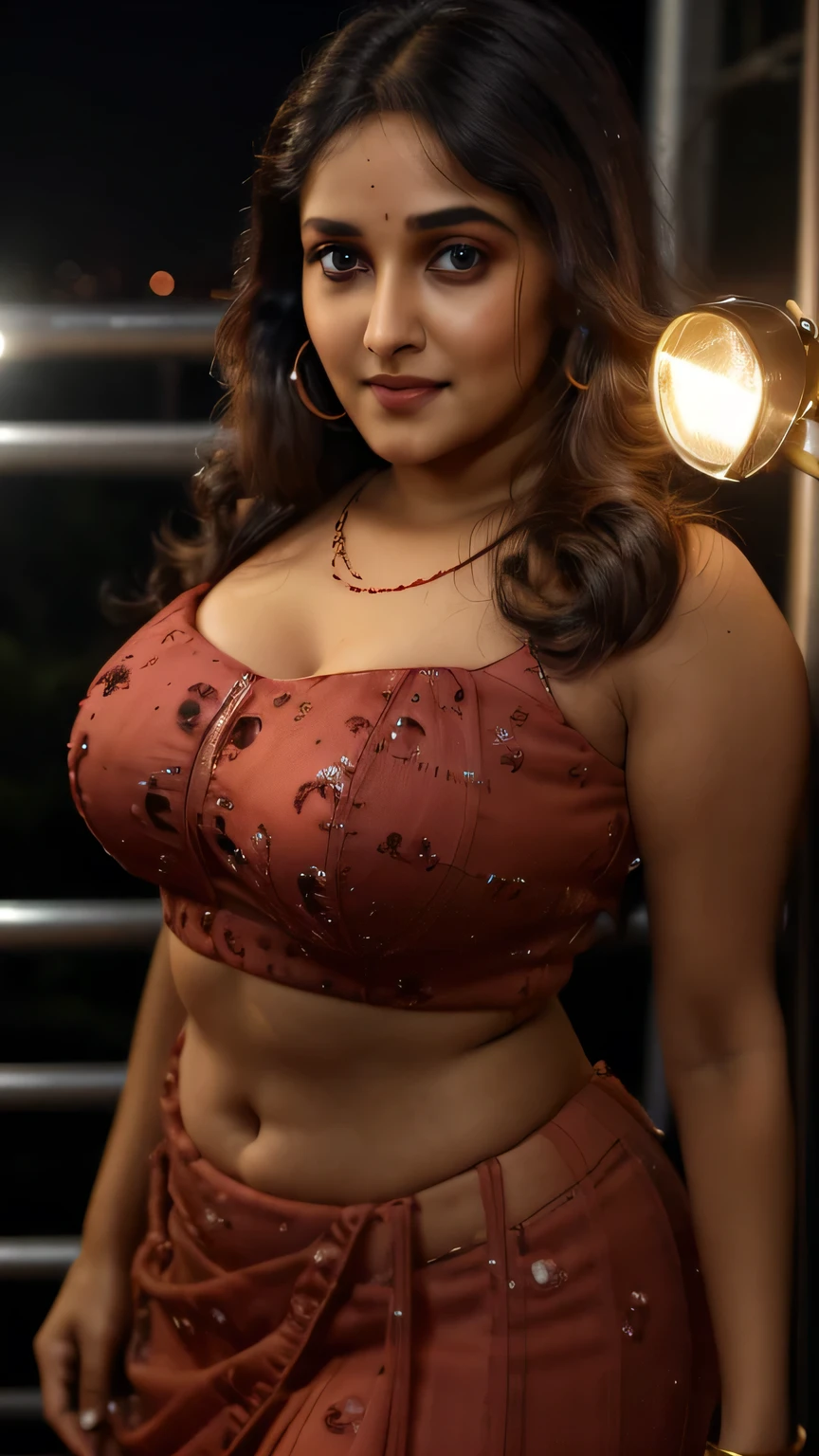 night scene, extreme close up photo of sexy wife, curvy, hourglass figure, swooping breasts, standing with torch light on road, French braid hair, necklace, Berry Red Embroidered Bridal Lehenga, sultry, seductive eyes, look at viewer and subtle smile, (cinematic:1.3), intricate details, (ArtStation:1.2)