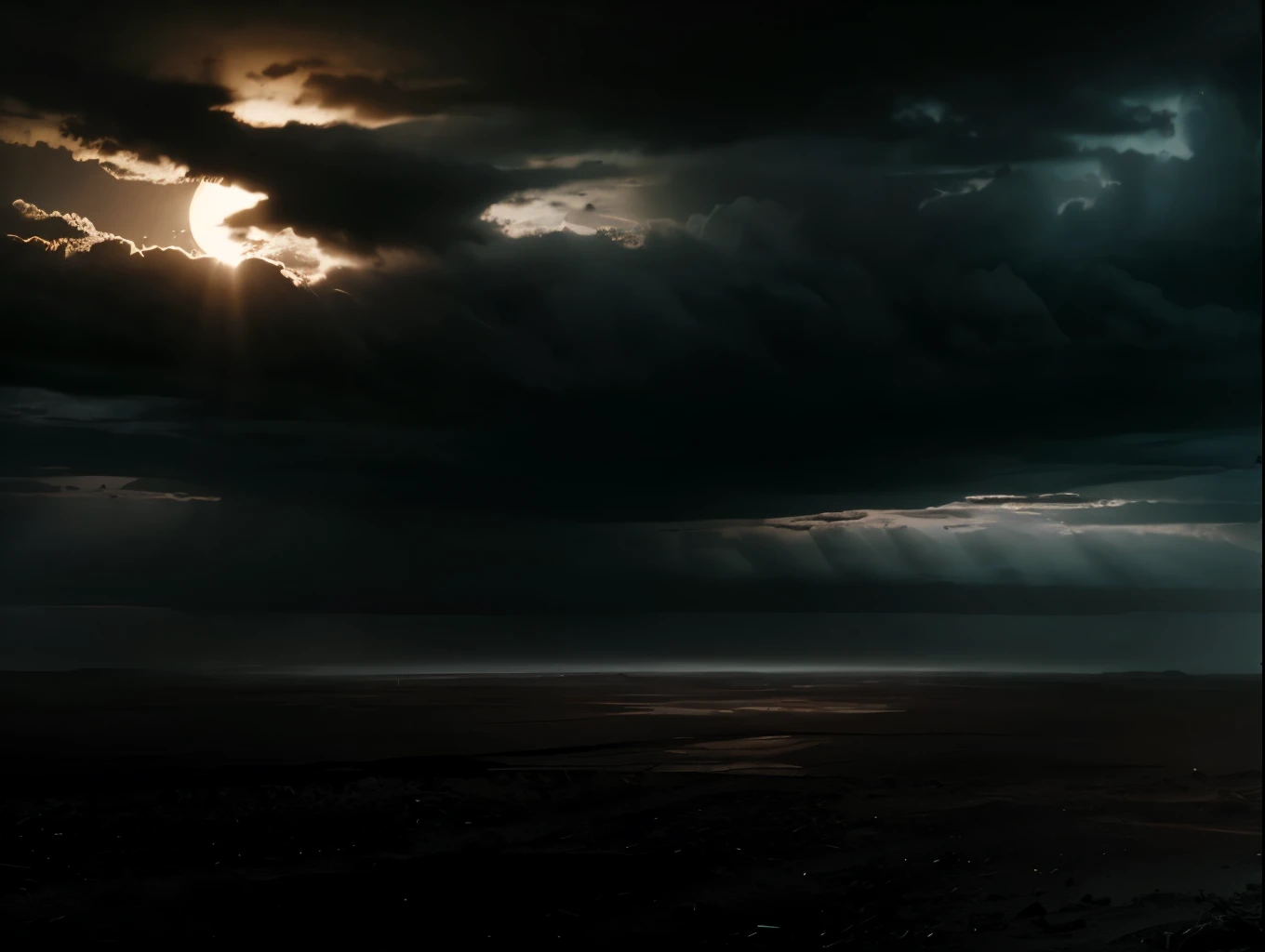 A dark, ominous sun, dramatic clouds, apocalyptic landscape, desolate, gloomy, dramatic lighting, cinematic, moody, photorealistic, 8K, highly detailed, intricate details, dramatic dynamic poses, dark and moody color palette, deep shadows, dramatic highlights, volumetric lighting, atmospheric, melancholic, atmospheric perspective, award-winning digital art, concept art, dark fantasy