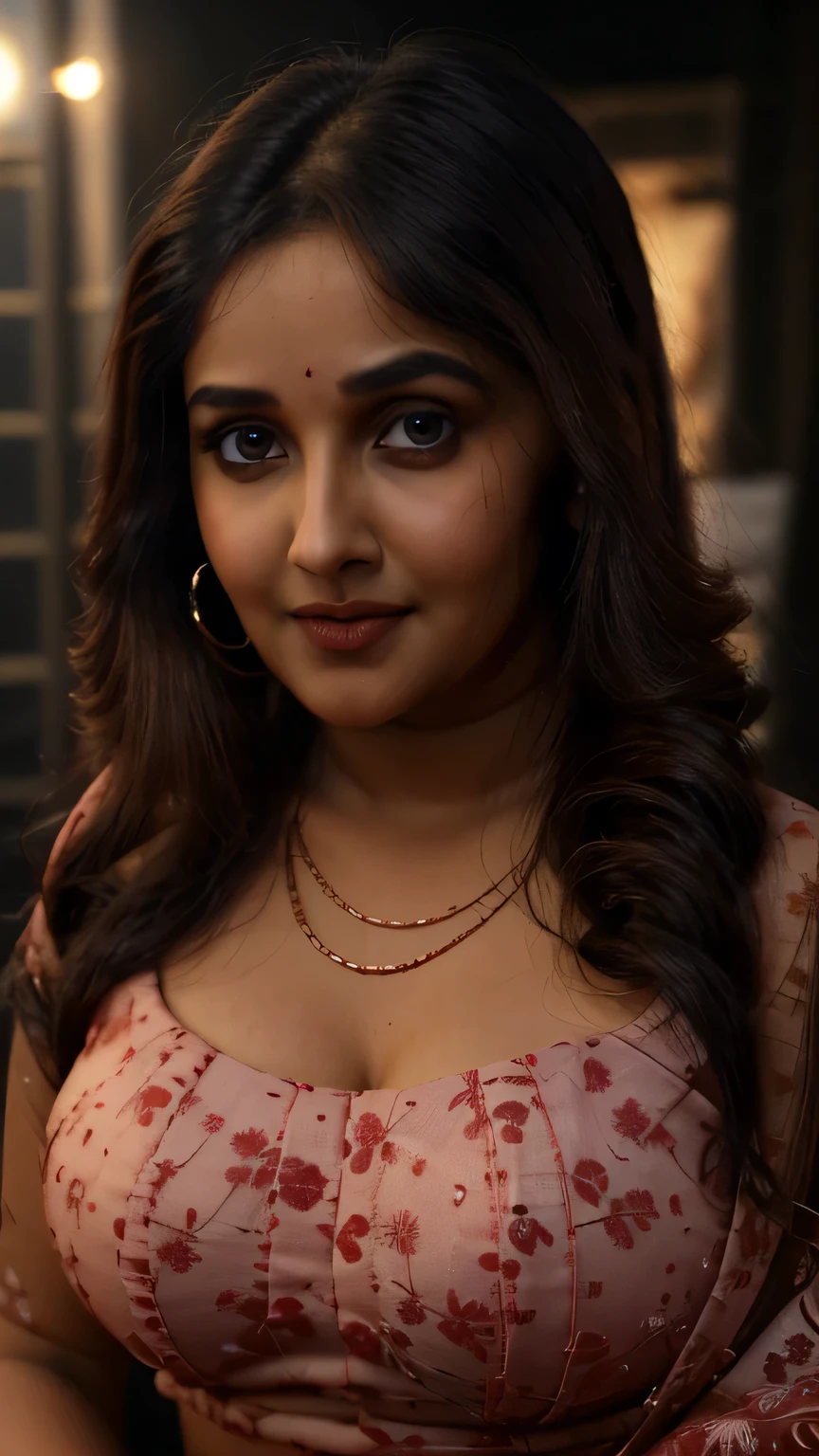 night scene, extreme close up photo of sexy wife, curvy, hourglass figure, swooping breasts, standing with torch light on road, French braid hair, necklace, Berry Red Embroidered Bridal Lehenga, sultry, seductive eyes, look at viewer and subtle smile, (cinematic:1.3), intricate details, (ArtStation:1.2)