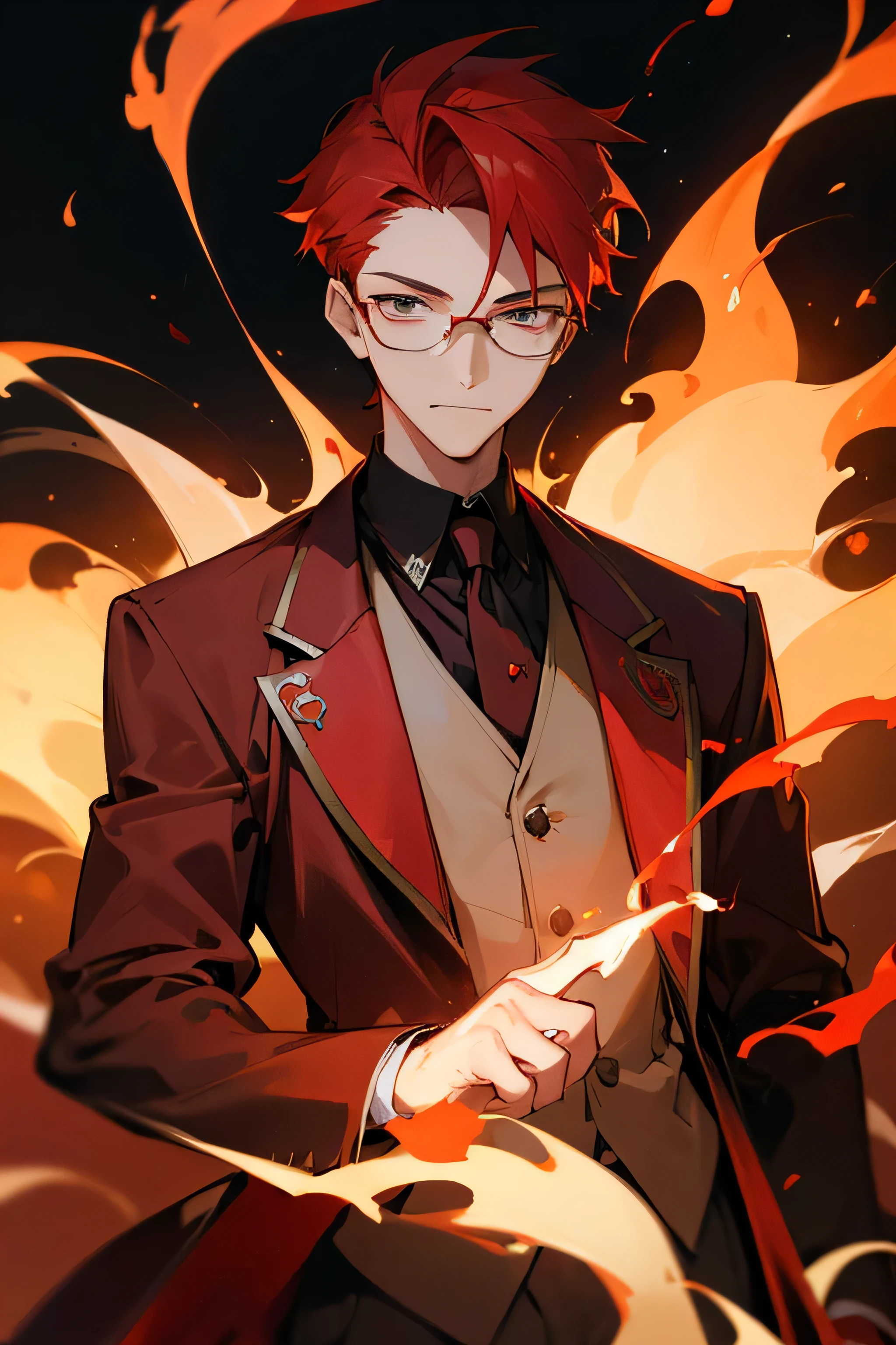((best quality)), ((masterpiece)), (detailed), 1boy, red butler suit, red hair, unfazed look, not smiling, glasses, flames background