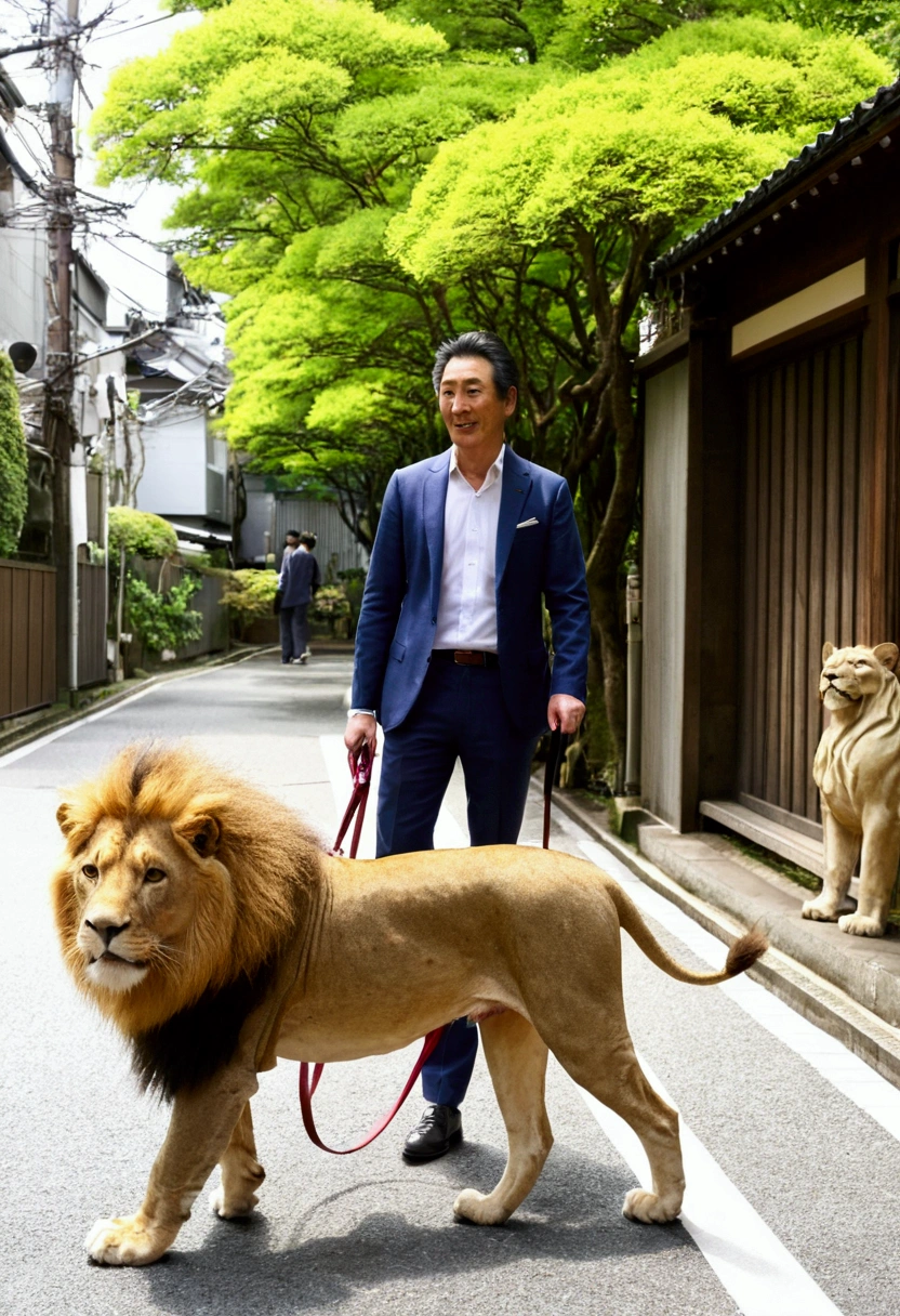 A dog walking with a lion in Tokyo